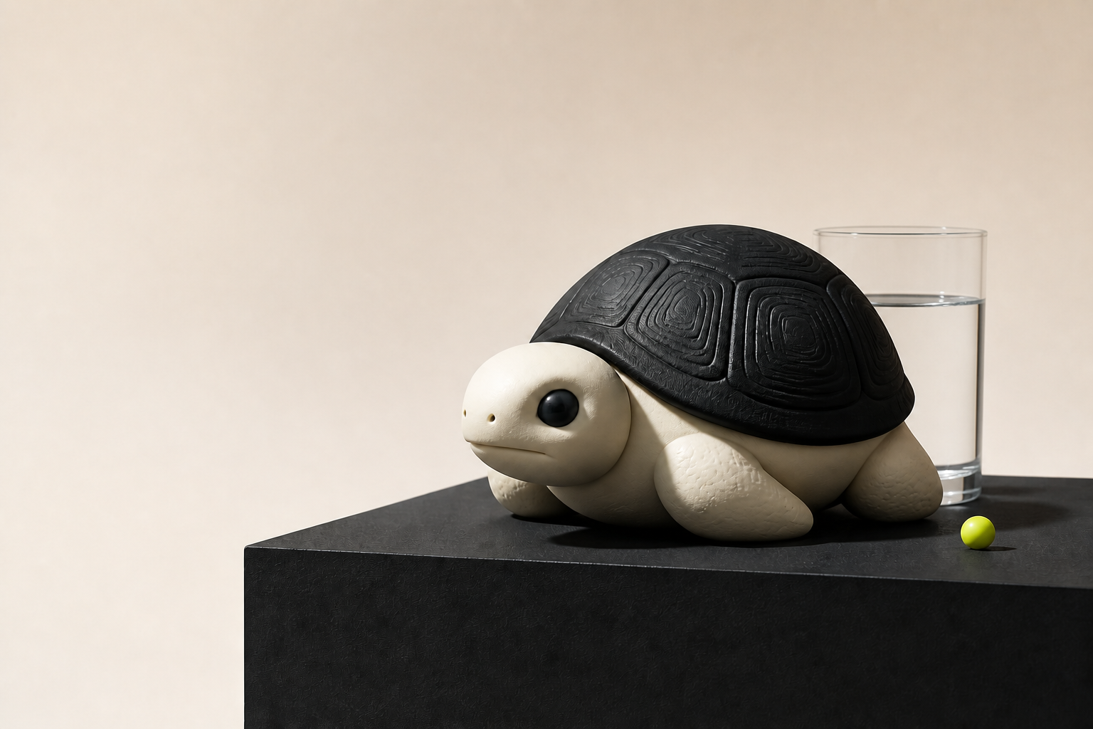 An ivory and black turtle-inspired collectible art toy with a glass of water